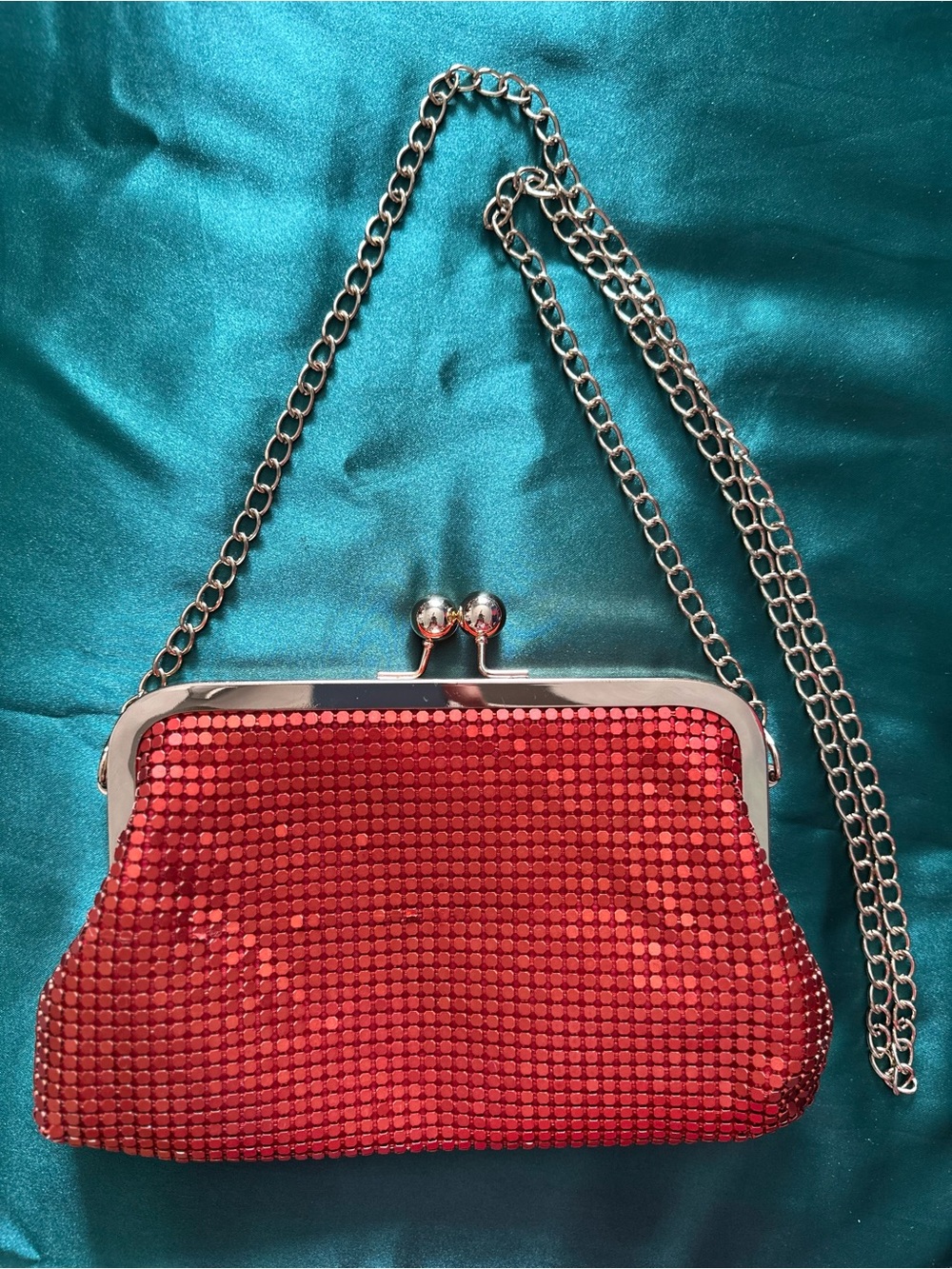 Olivia Miller Red Sequin Crossbody Clutch with Silver Chain